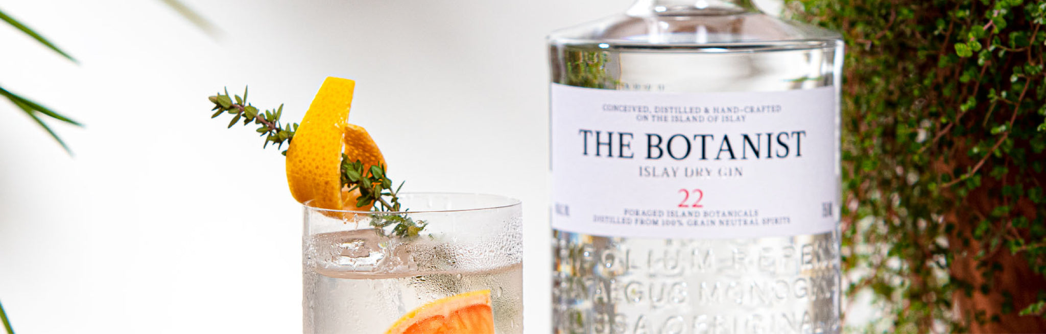 A lifestyle photo of a Botanist bottle close to a glass of cocktail with an orange slice