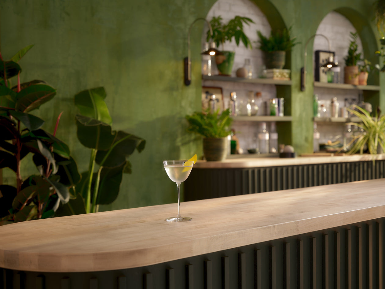 A photo og a Botanist Martini Dry cocktail on a bar countertop