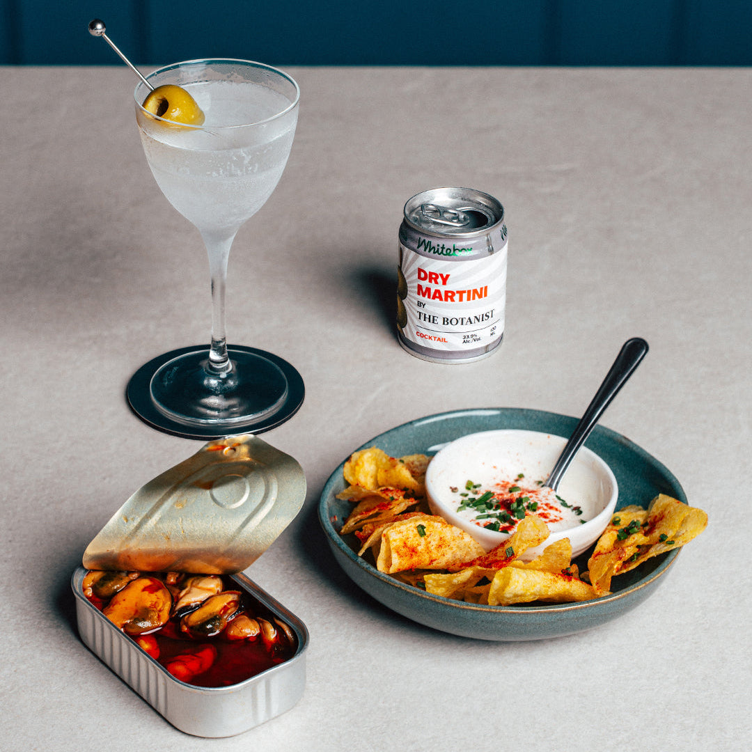 The Botanist x Whitebox Dry Martini Ready to Serve Cocktail with food pairing